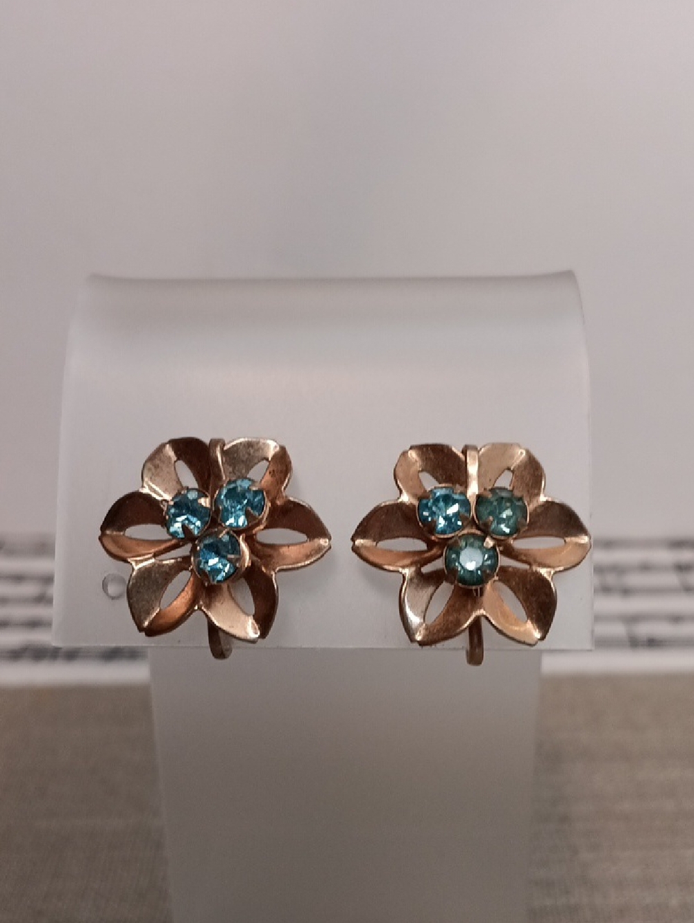 Gold Tone Floral Screw Back Earrings with Blue Rhinestones Vintage